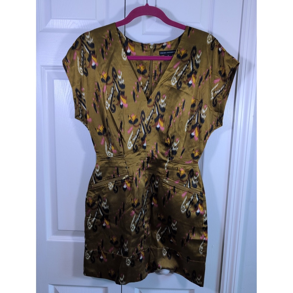 French Connection Abstract Silk Cotton Shift Dress Brown Pink Zip Pockets Size 2